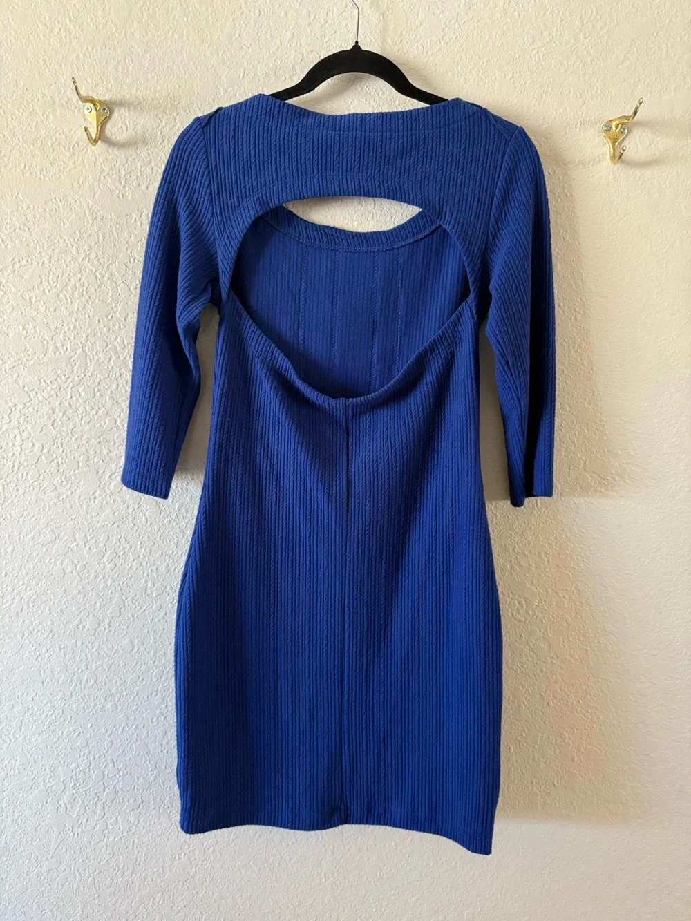 Free People Royal Blue Rib Knit Mini Dress Small Petite 3/4 Sleeve Back Cutout